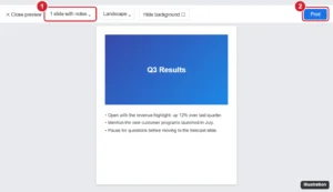 Presentation app print preview with the layout set to 1 slide with notes and the Print button highlighted