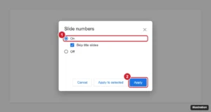 Slide numbers dialog in a presentation app with On selected, Skip title slides checked, and the Apply button highlighted