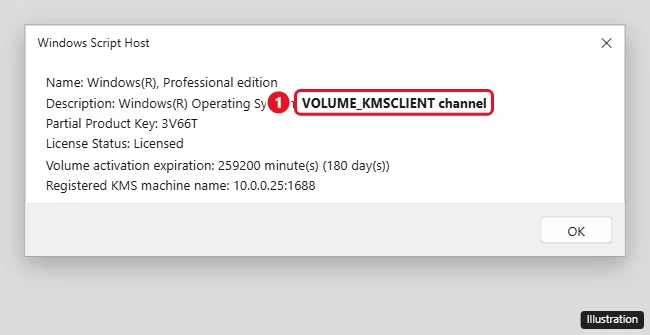 slmgr /dli window showing VOLUME_KMSCLIENT channel