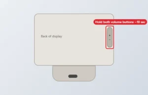 Back of a smart display with both volume buttons highlighted for a factory reset