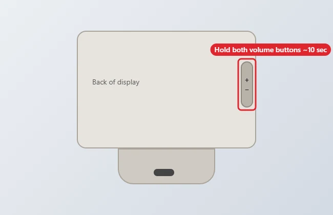 Back of a smart display with both volume buttons highlighted for a factory reset