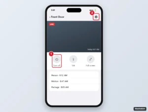 Smart home app camera live view with the camera on off button and the camera settings gear highlighted