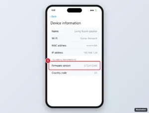 Smart home app Device information screen showing the speaker firmware version