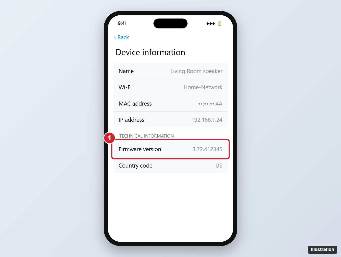 Smart home app Device information screen showing the speaker firmware version