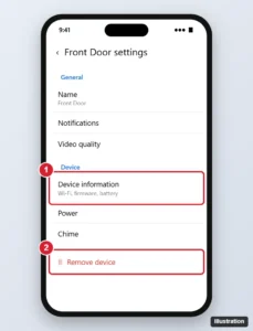 Smart home app doorbell device settings with the Device information section and Remove device highlighted