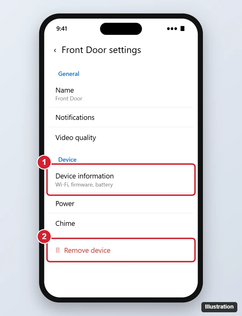 How to Reset a Google Nest Doorbell (Restart and Factory Reset) 1 Smart home app doorbell device settings with the Device information section and Remove device highlighted