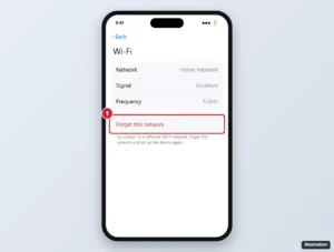 Smart home app device Wi-Fi settings showing the connected network and the Forget this network option highlighted