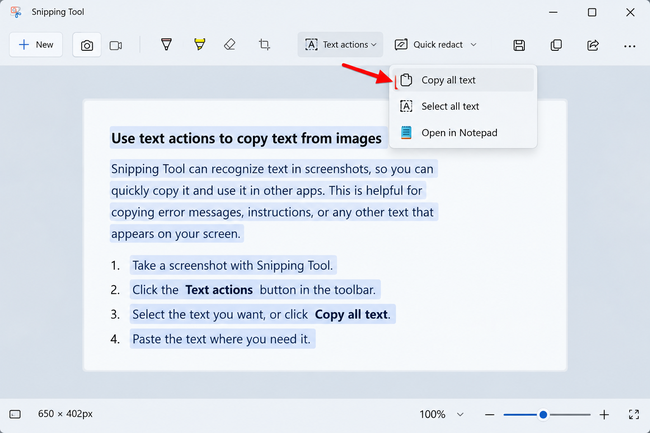How to Extract Text from a Screenshot in Windows 11 1 Windows 11 Snipping Tool Text actions menu with Copy all text selected