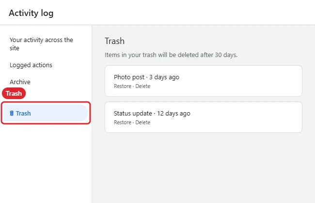 Social network activity log page with Trash highlighted in the left menu
