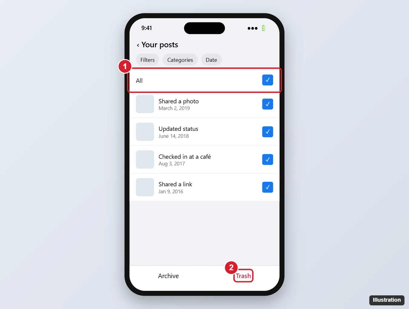 Deleting Your Activity Log From Facebook: A Step-by-Step Guide 1 Social media app Manage activity screen with several posts selected and the Trash button highlighted