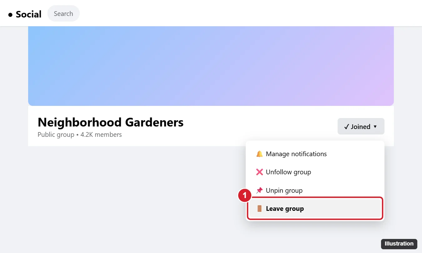 Social network group page with the Joined button menu open showing Manage notifications, Unfollow group and Leave group highlighted