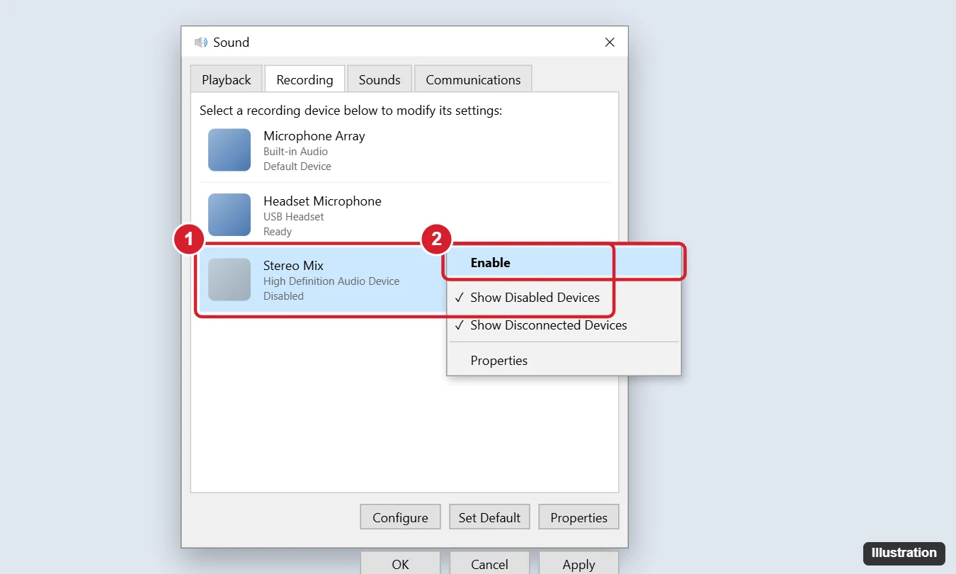 How to Record Computer Audio on Windows 11 (5 Free Methods) 1 Sound control panel Recording tab with a disabled Stereo Mix device right-clicked and Enable highlighted