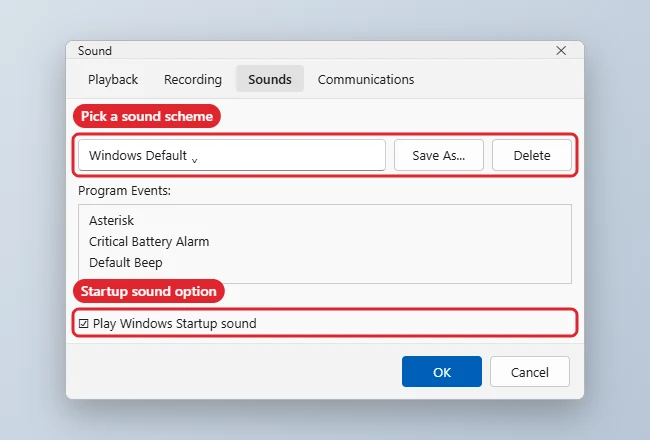 Sound dialog Sounds tab with the Sound Scheme drop-down highlighted