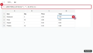 Online spreadsheet with an ARRAYFORMULA in the formula bar and results filling column D, with the fill handle highlighted