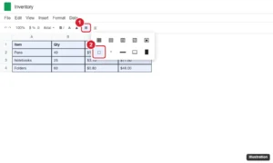 Spreadsheet with bordered cells selected and the toolbar Borders menu open with the Clear borders option highlighted