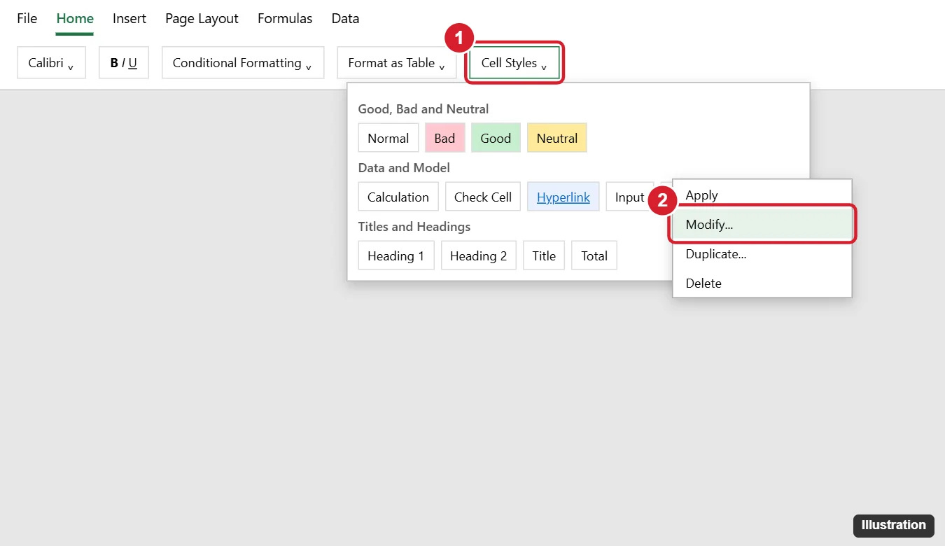 How to Remove the Underline From a Link in Excel 2013 1 Spreadsheet Home tab Cell Styles gallery with the Hyperlink style right-click menu and Modify highlighted