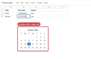 Spreadsheet with a date picker calendar open under a date cell