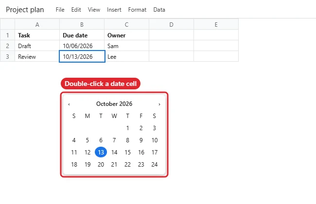 How to Insert a Calendar in Google Sheets 1 Spreadsheet with a date picker calendar open under a date cell