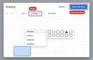 Spreadsheet Drawing dialog with the Shape menu open showing Shapes, Arrows, Callouts and Equation options