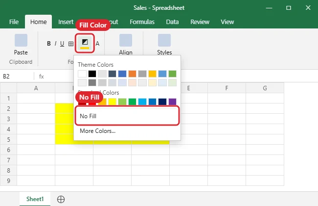 How to Fill a Cell With Color in Excel 2013 1 Spreadsheet Home tab with the Fill Color palette open and a range of cells shaded yellow