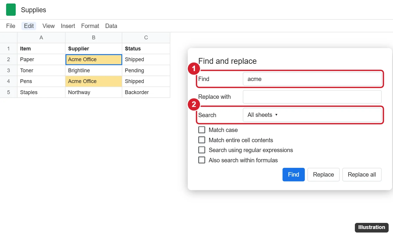 Spreadsheet Find and replace dialog searching all sheets for a word with match case and search within formulas options, and matching cells highlighted