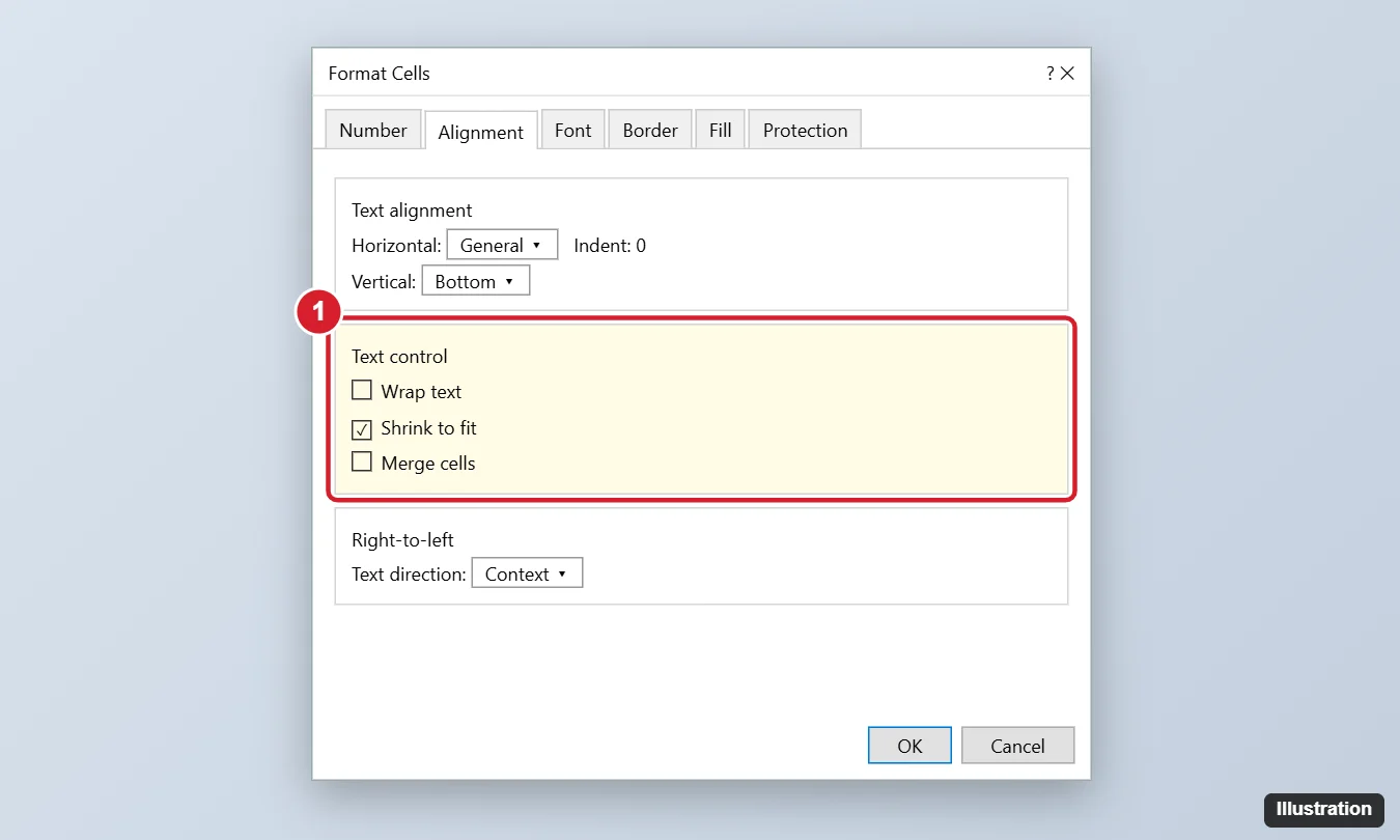 How to Shrink Text to Fit Inside a Cell in Excel 1 Format Cells dialog on the Alignment tab with Shrink to fit checked under Text control