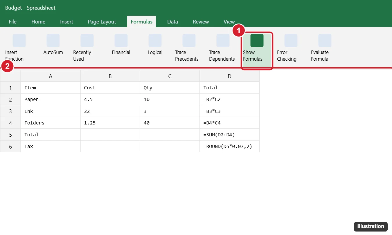How to Print Formulas in Excel Instead of Their Results 1 Spreadsheet with the Formulas tab open, Show Formulas turned on, and cells displaying their formulas instead of results