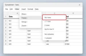 Spreadsheet with a thick gray freeze line under row 1 and the View Freeze menu open with No rows highlighted
