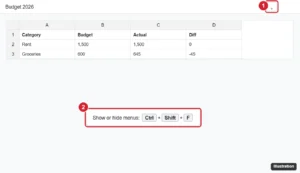 Online spreadsheet with the menus and toolbar hidden and the Show the menus arrow in the top-right corner highlighted