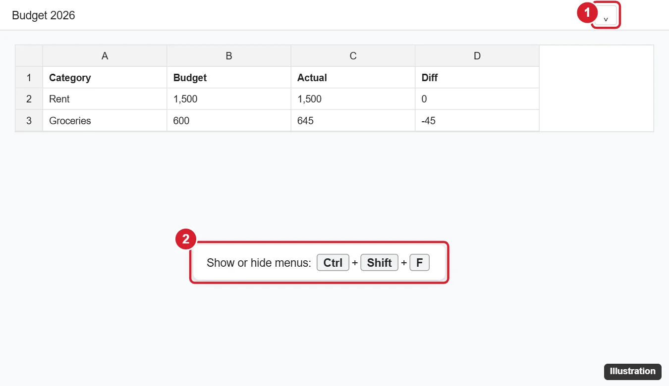 Online spreadsheet with the menus and toolbar hidden and the Show the menus arrow in the top-right corner highlighted