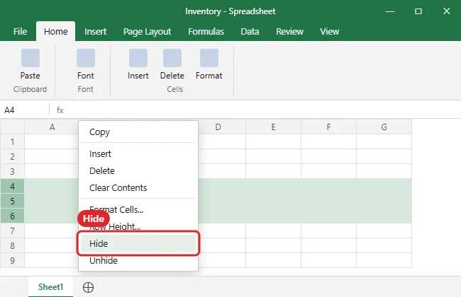 How to Hide Rows and Columns in Excel 2013 1 Spreadsheet with rows 4 to 6 selected and the right-click menu showing Hide