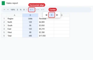 Online spreadsheet with a column selected and the horizontal align menu open with Center chosen