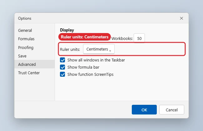How to Change the Excel Ruler From Inches to Centimeters 1 Spreadsheet Options Advanced Display section with Ruler units set to Centimeters