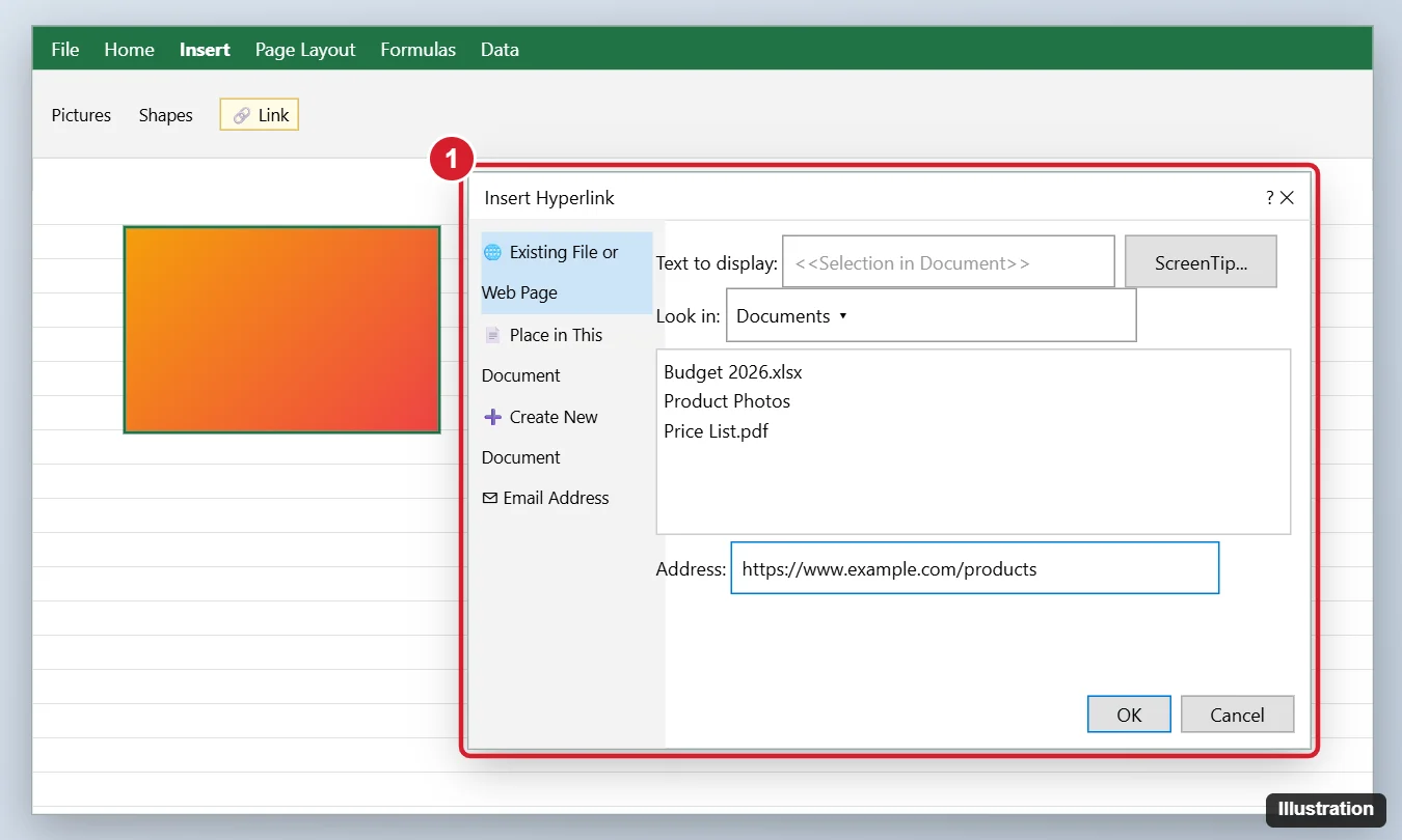 Spreadsheet with a selected picture and the Insert Hyperlink dialog open with a web address entered and a ScreenTip button