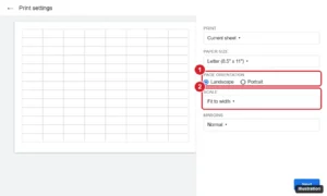 Spreadsheet print settings with a landscape page preview and the Page orientation option set to Landscape and Scale set to Fit to width