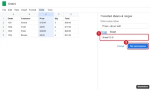 Spreadsheet with column C selected and the Protected sheets and ranges panel open with Range C:C and the Set permissions button highlighted