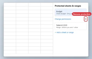 Spreadsheet Protected sheets and ranges panel with the delete protection trash icon highlighted