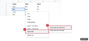 Spreadsheet right-click menu with Insert cells open and Insert cells and shift down highlighted