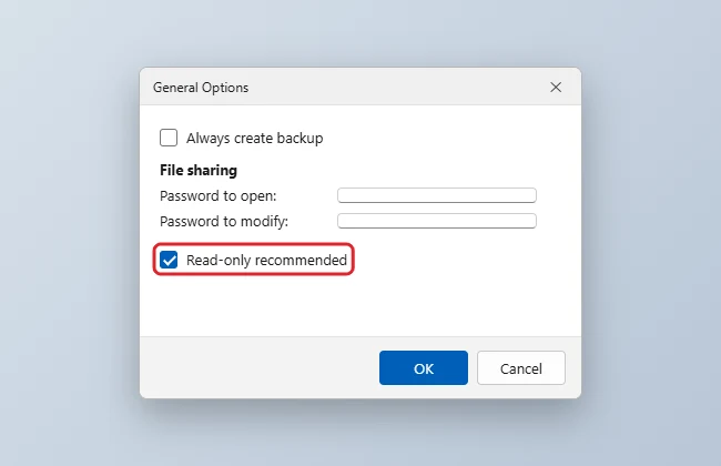 How to Remove Read-Only From an Excel File 1 Save As General Options dialog with the Read-only recommended check box highlighted
