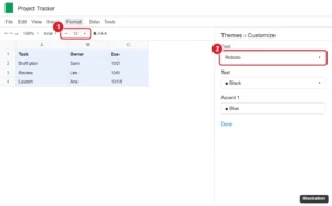 Spreadsheet with all cells selected, the toolbar font size box highlighted, and the Themes customize panel font option highlighted