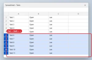 Spreadsheet with rows 6 through 12 selected by row headers and a shortcut label Ctrl Shift Down Arrow