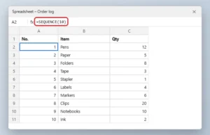 Spreadsheet with the SEQUENCE formula in cell A2 highlighted and numbers 1 to 10 filled down column A