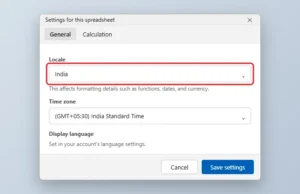 Spreadsheet settings dialog on the General tab with the Locale dropdown highlighted