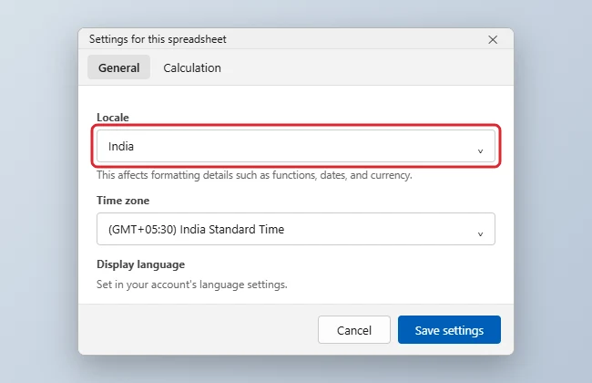How to Change the Language in Google Sheets 1 Spreadsheet settings dialog on the General tab with the Locale dropdown highlighted