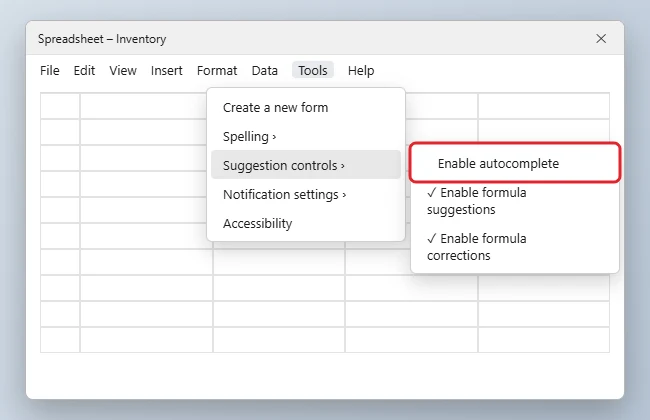 How to Turn Off Autocomplete in Google Sheets 1 Spreadsheet Tools menu open to Suggestion controls with the Enable autocomplete option unchecked and highlighted