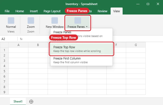Spreadsheet View tab with the Freeze Panes menu open and Freeze Top Row highlighted