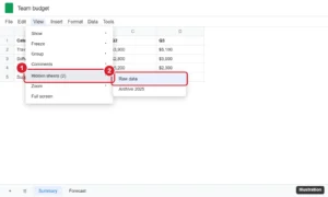 Spreadsheet View menu with Hidden sheets expanded, listing two hidden sheets to unhide