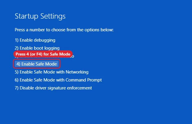 Startup Settings screen listing options with 4 Enable Safe Mode