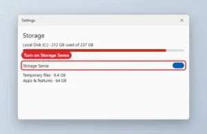 Storage settings with Temporary files and Storage Sense highlighted