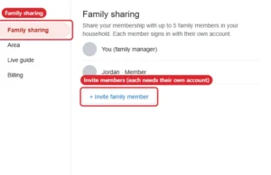 Streaming TV settings Family sharing page with an Invite family member button